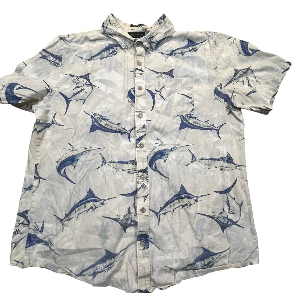 Eddie Bauer Marlin Fish Print Button Up Shirt Men’s Large Tall Coastal